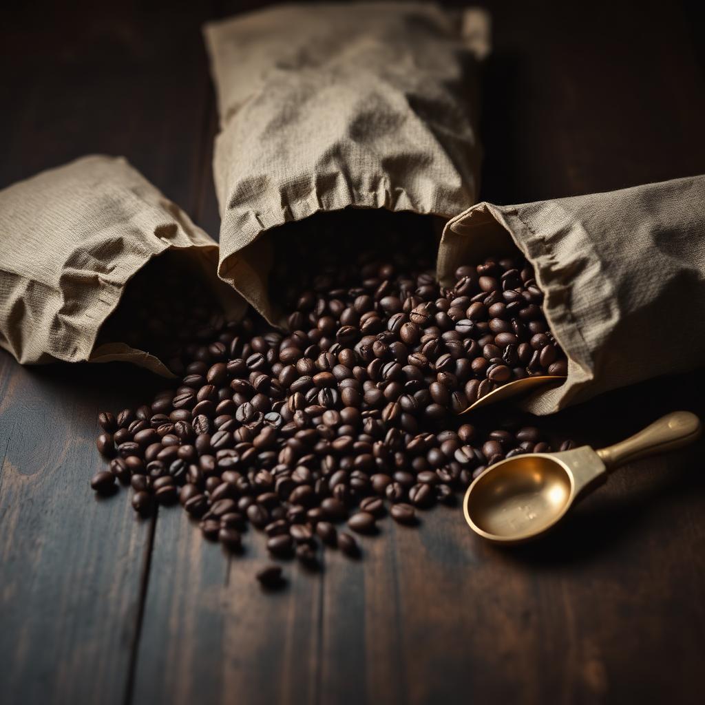 Freshly roasted coffee beans and a brass scoop
