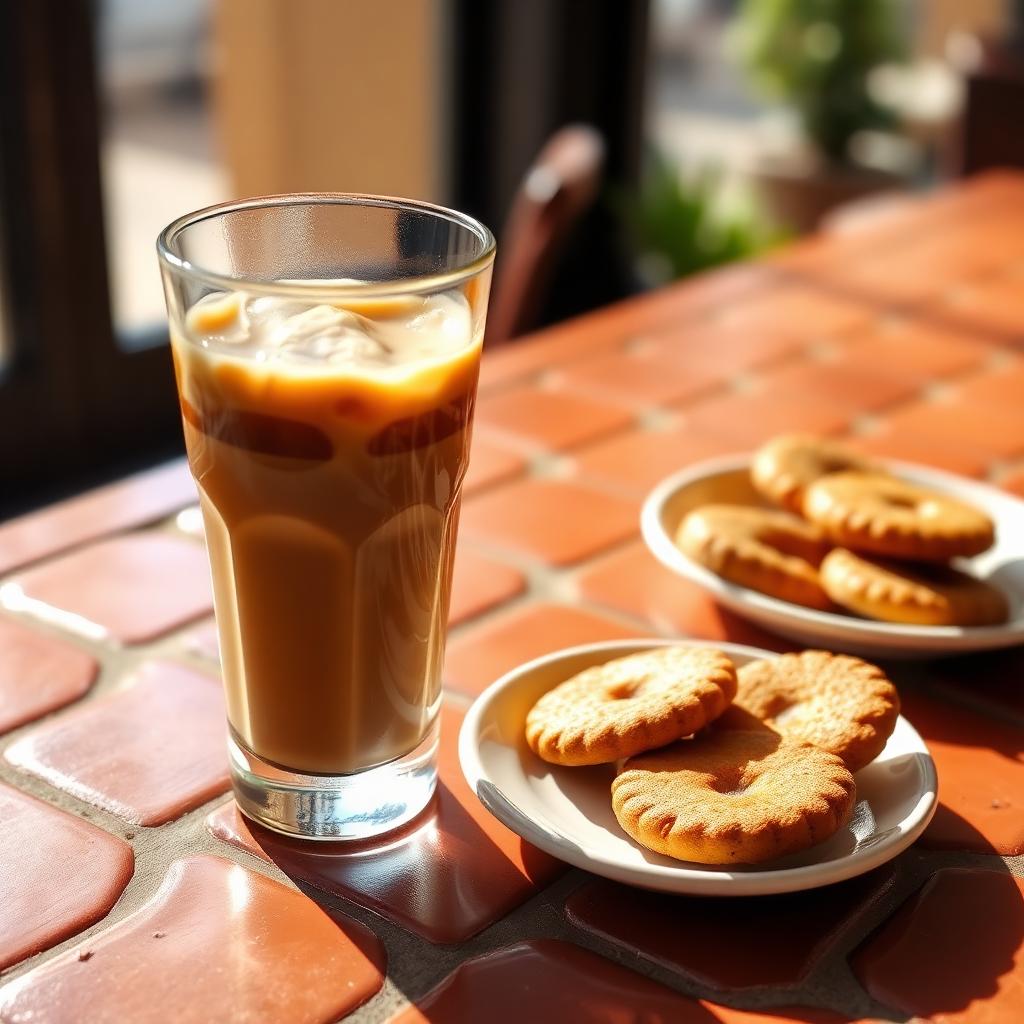 Iced filter coffee on a terracotta table