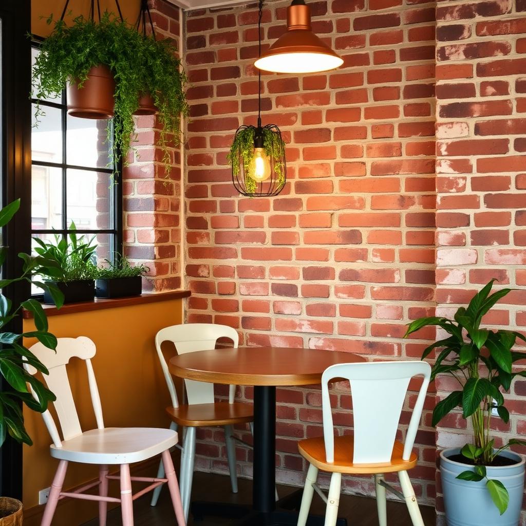 Cosy café corner with exposed brick and plants