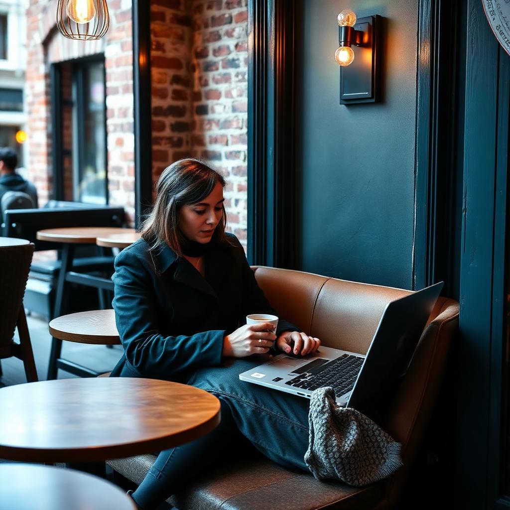 Customer working on a laptop with a coffee